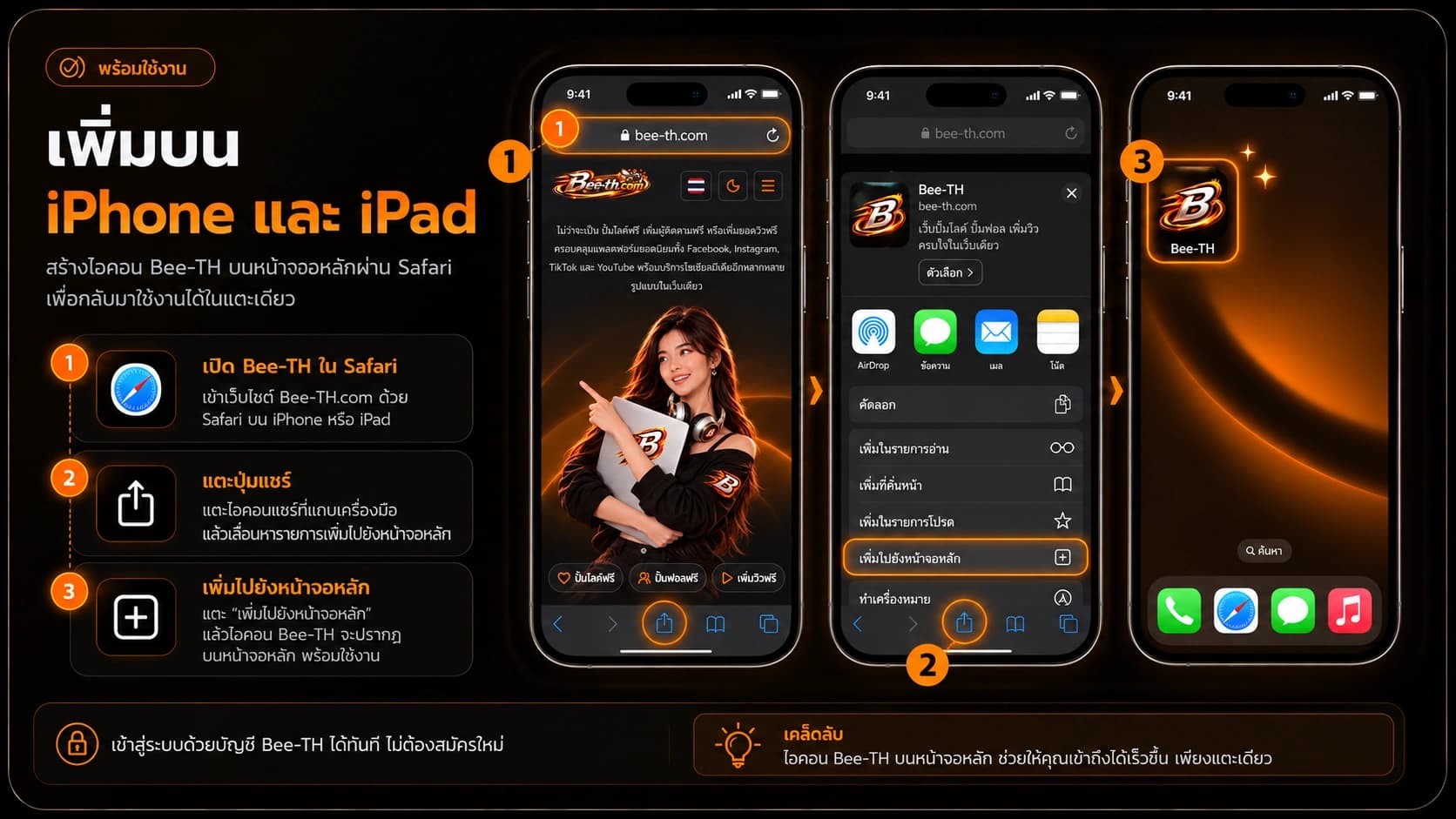 คู่มือสามขั้นตอนสำหรับเพิ่ม BEE-TH.COM ไปยังหน้าจอโฮมบน iPhone และ iPad ผ่าน Safari